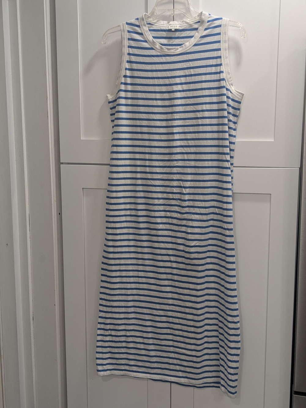 KULE White and Blue Striped Sleeveless Midi Dress